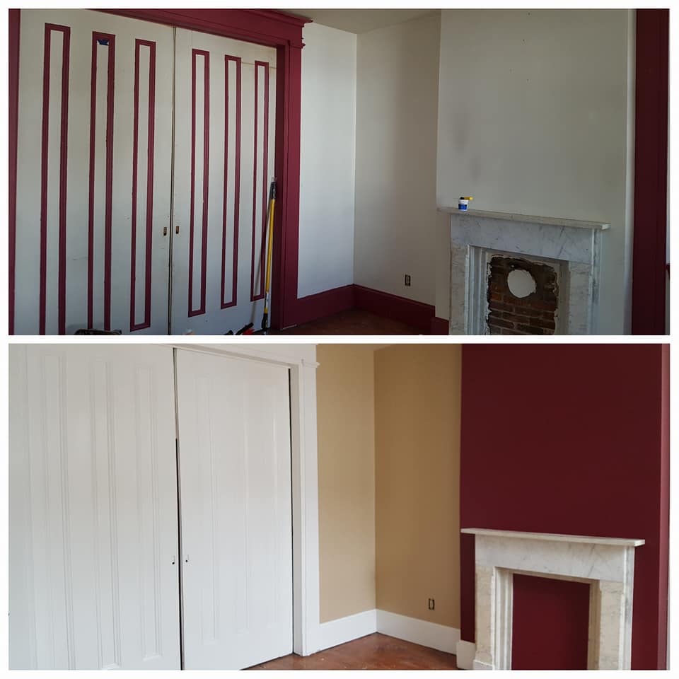 Before and after room makeover showing updated colors and restored fireplace.