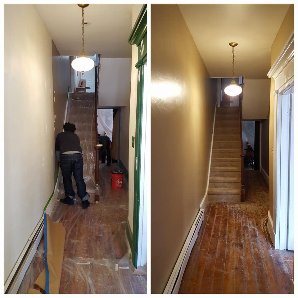 Before and after hallway renovation showcasing stairs, lighting, and completed wall paint.