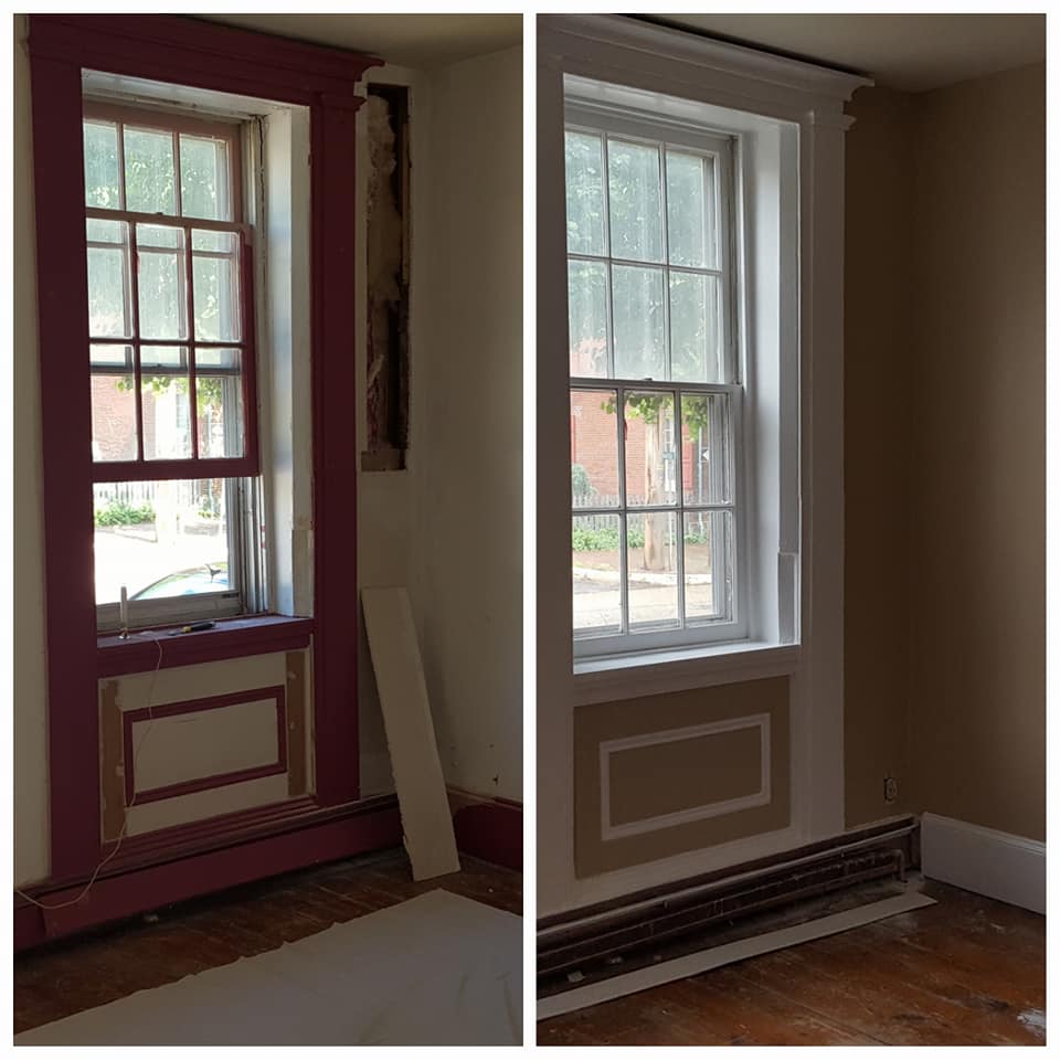 Before and after of a renovated window frame in a room, showcasing updated drywall and trim.