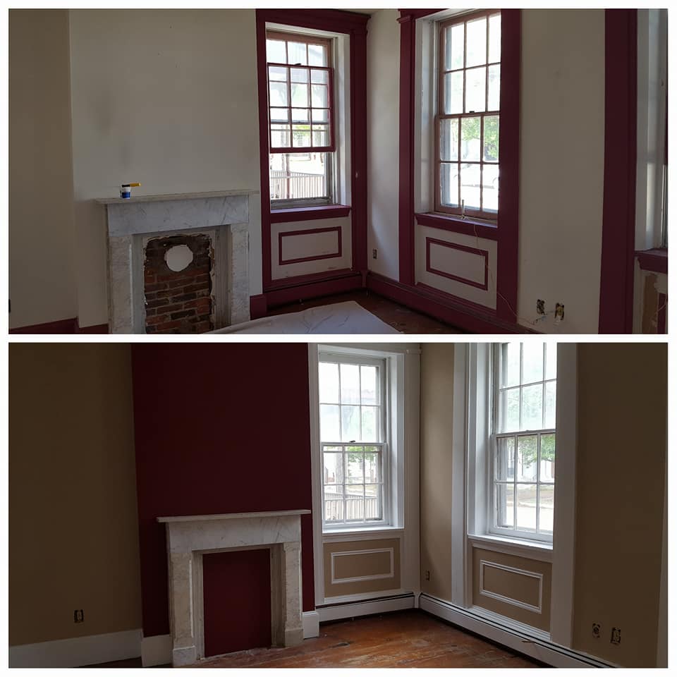 Before and after renovation of a living room featuring large windows and a brick fireplace.