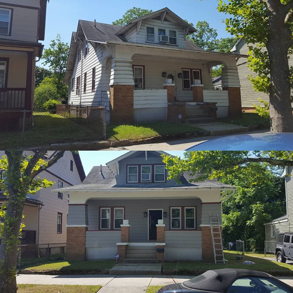 Before and after renovation of a vintage two-story house with porch and landscaped yard.