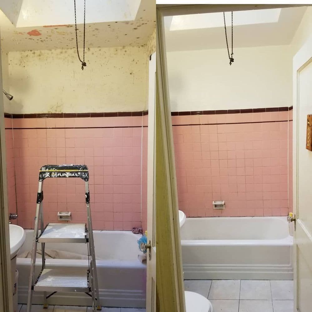 Before and after bathroom renovation showing clean tiles and restored ceiling.