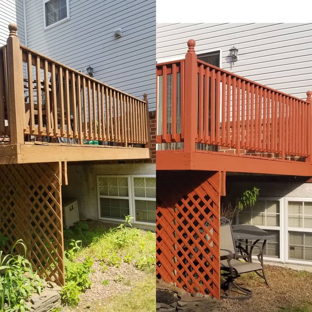 Before and after deck transformation showing refreshed paint and improved aesthetics.