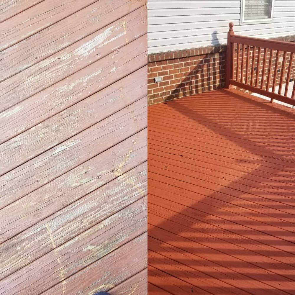 Before and after deck restoration showing worn wood and freshly stained red finish.